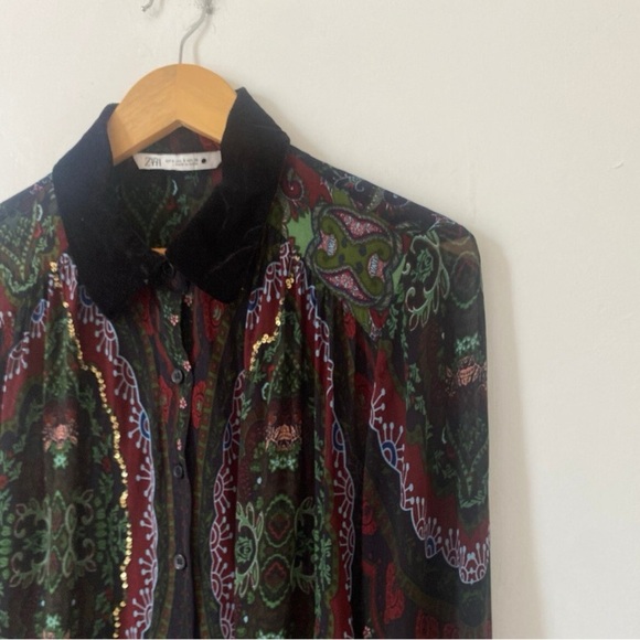 Zara Women Shirt Size Small Green Black Semi Sheer Paisley Velvet Collar - Picture 4 of 8